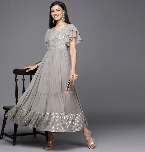 Grey Embellished Georgette Maxi Dress